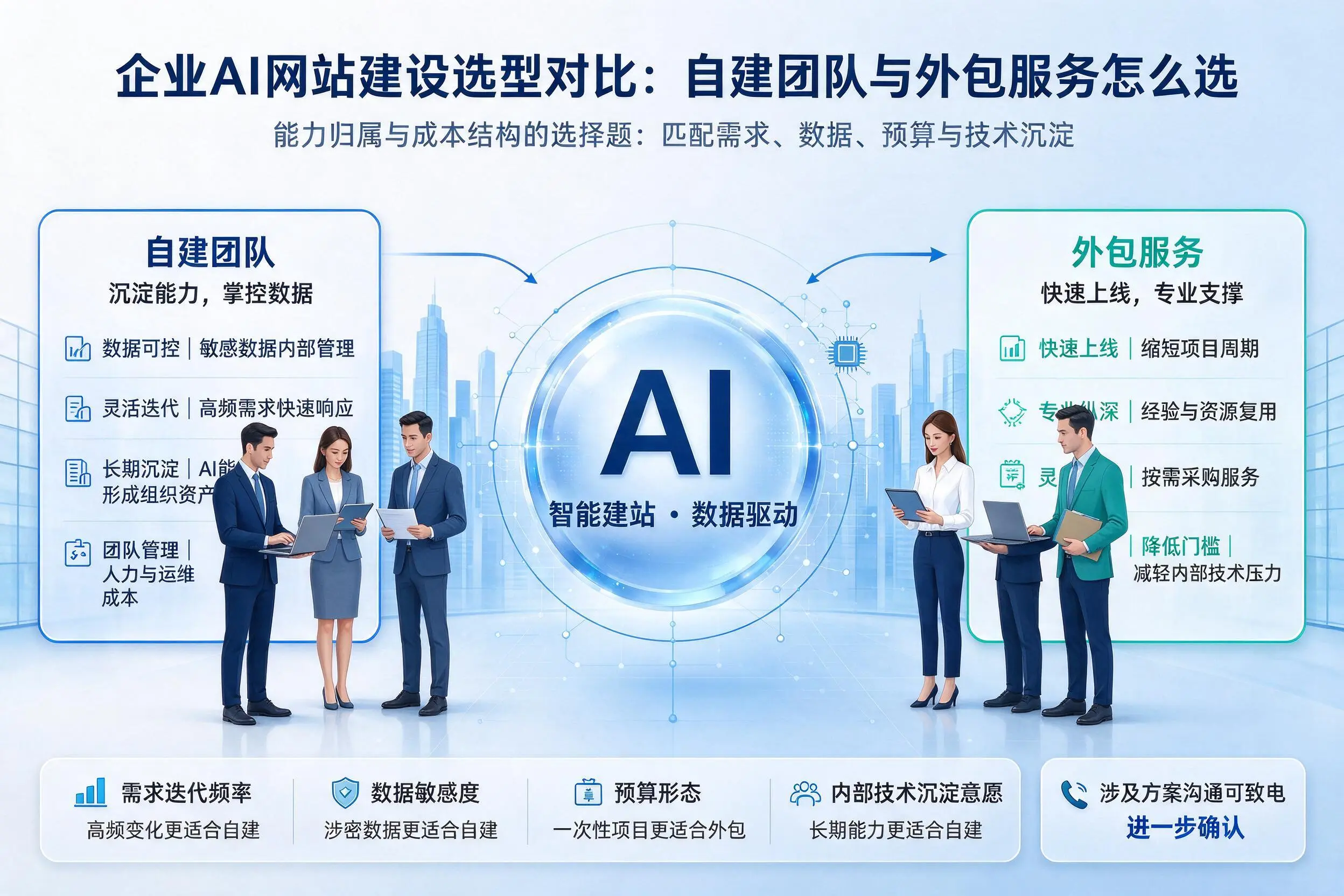 临夏企业AI网站建设选型对比：自建团队与外包服务怎么选